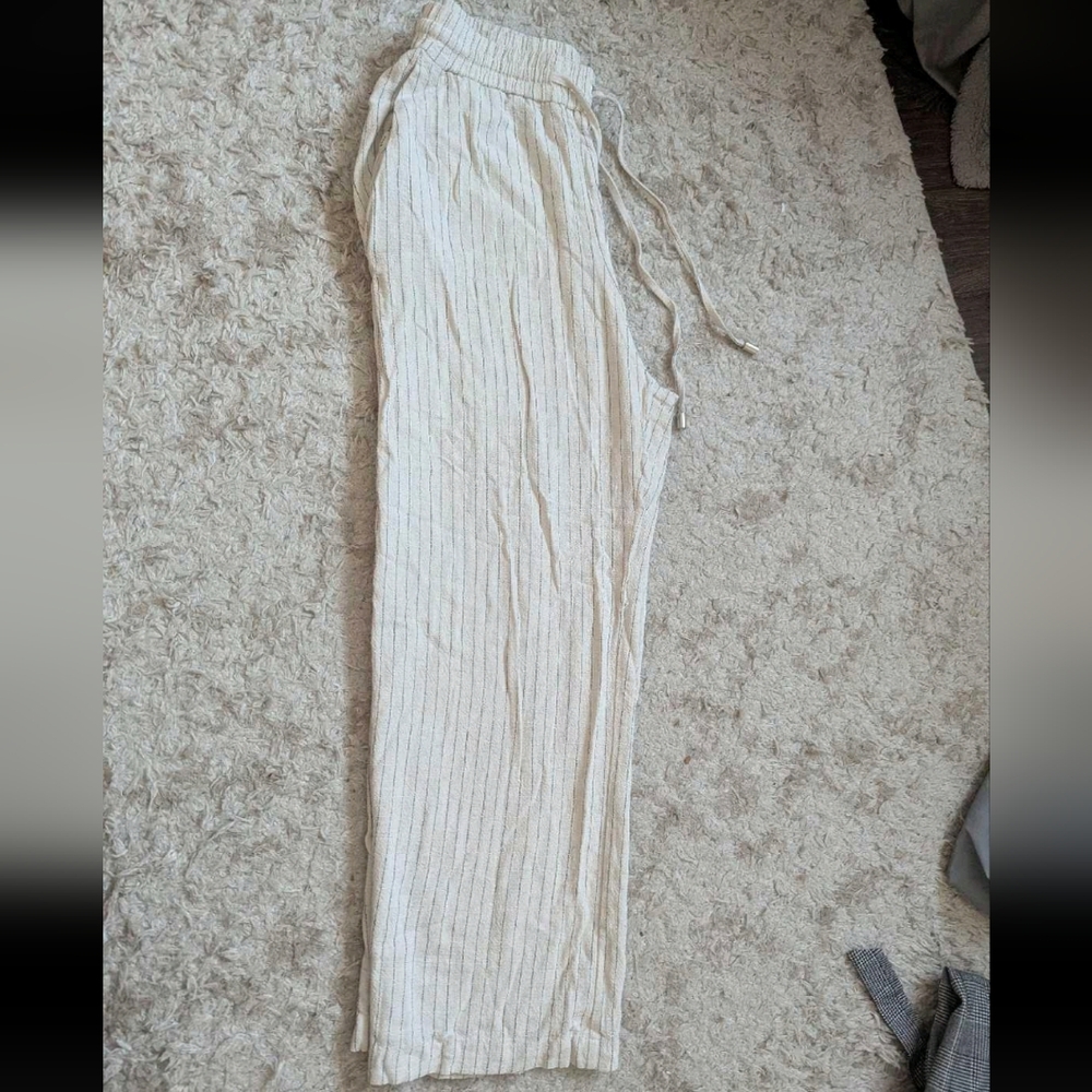 Zara Cream Striped Linen-Blend Pants
